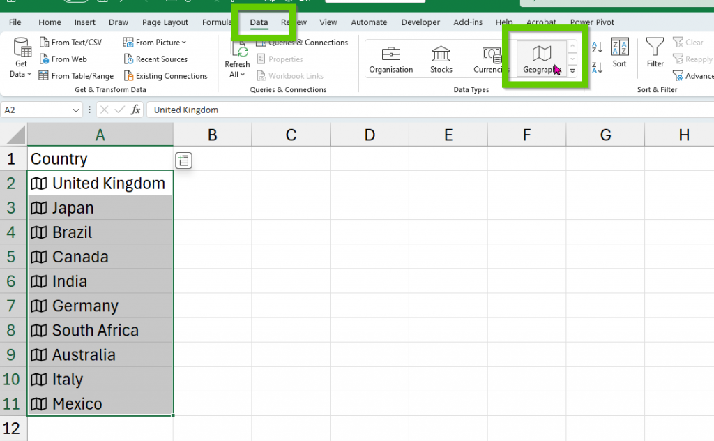 Excel with the Data Tab on the Ribbon along with the Geography data type highlighted.