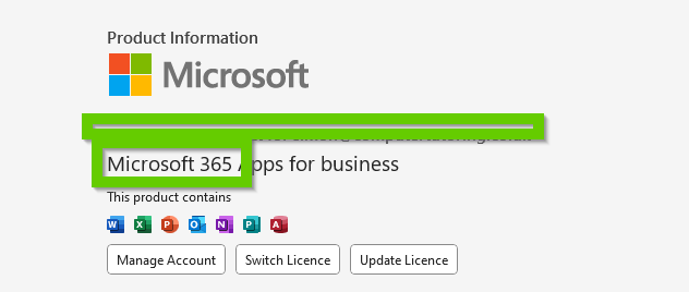 Product information showing the version of Excel